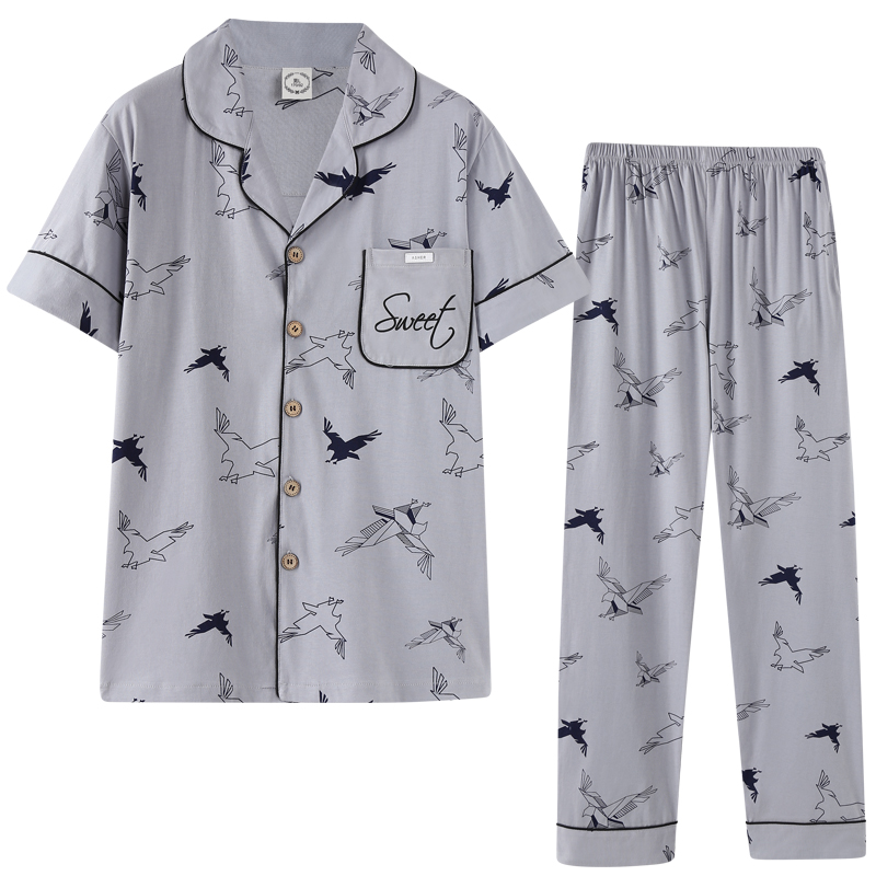 

2020 New Smart Casual Short Sleeve Long Pants Turn Down Collar Eagle Printing Pijama Set Homesuit Homeclothes Fashion Style, 8127