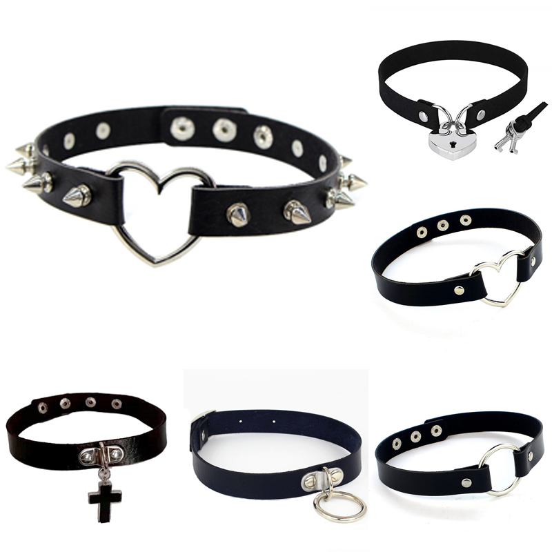

Punk Rock Heart lock key Circle Gothic Chokers Women Men Pu Leather Spike Rivet Collar Choker Necklace Statement Jewelry