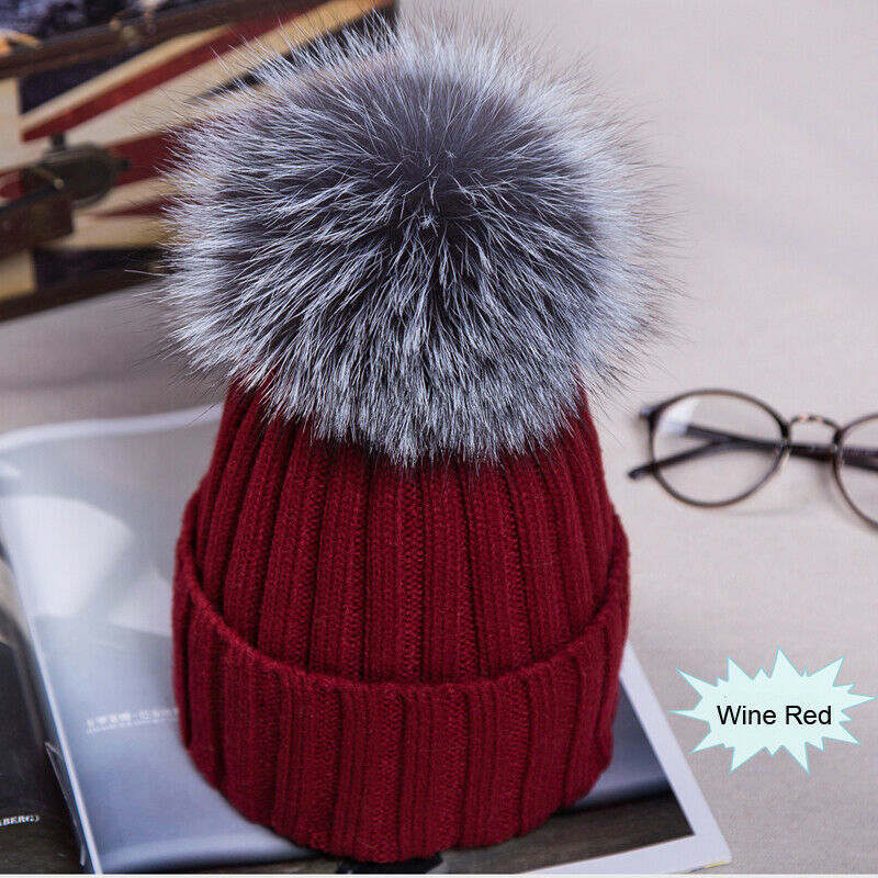 

Women Beanies Raccoon Fur Pom Poms Wool Hat Beanie Knitted Skullies Fashion Caps Ladies Knit Cap Winter Hats, White