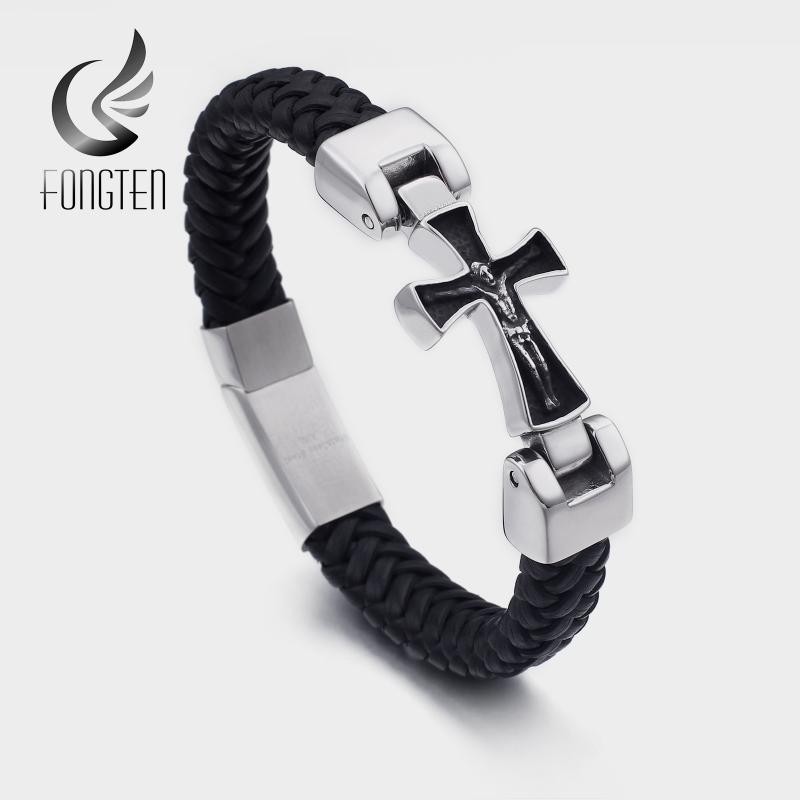 

Fongten Punk Cross Stainless Steel Braided Cuff Leather Bracelets Men Woven Bangle For Men Jewelry