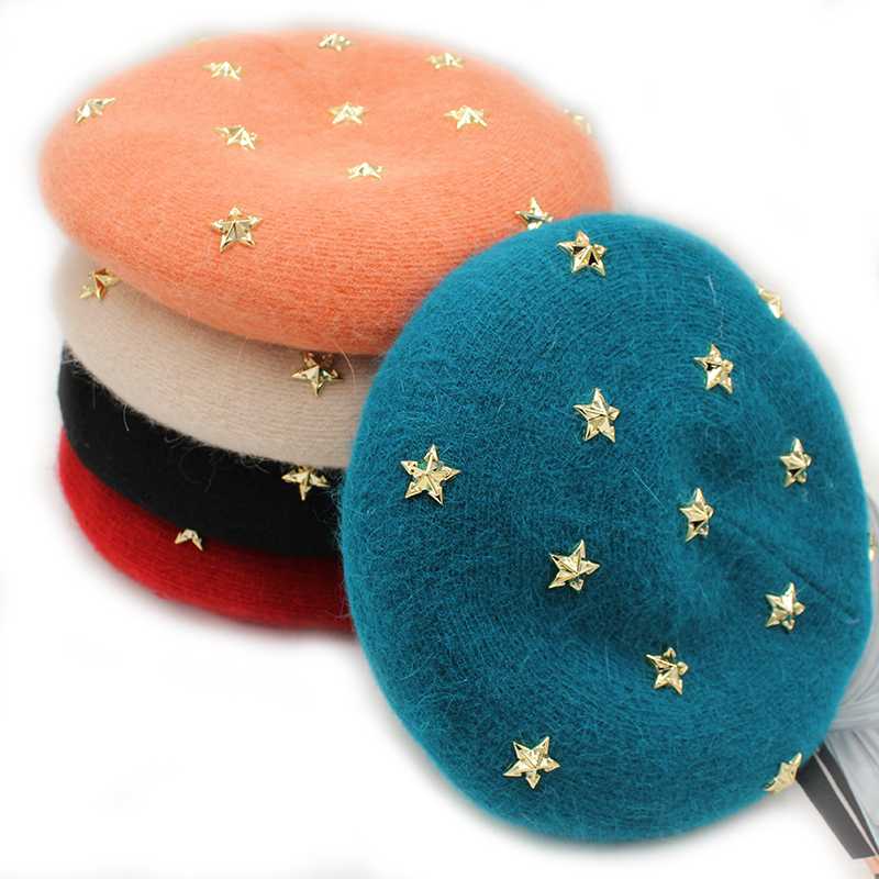 

Onidfurow] Angora Women Winter berets Luxury Golden star rivets Female Warm beret Hats Girls Flat cap beret for, Orange