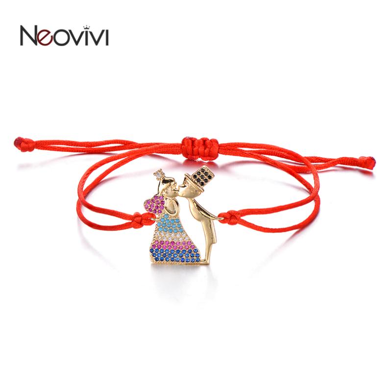 

Neovivi Lovely Kissing Couple Charm Bracelets for Lover Jewelry Copper Zircon Beads Red Black Rope String Bracelet Women Men DIY