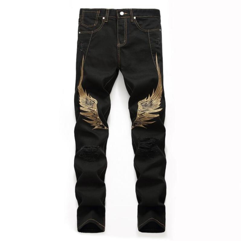 

Men' Fashion Casual Straight Jeans Hole ripped Wing Embroidery hip hop slim jeans Streetwear Man trousers Plus size 6xl w1074, Black