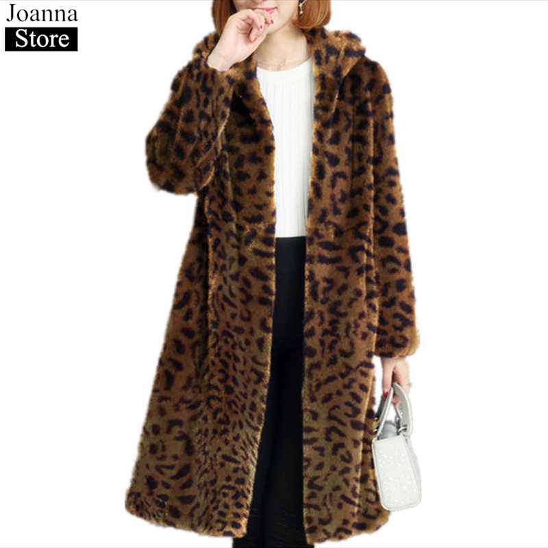 

Winter New Faux Fur Thick Coat Female Long Leopard Hooded Slim Fluffy Fake Fur Hoodie Jacket Women Plus Size Office Lady clothes