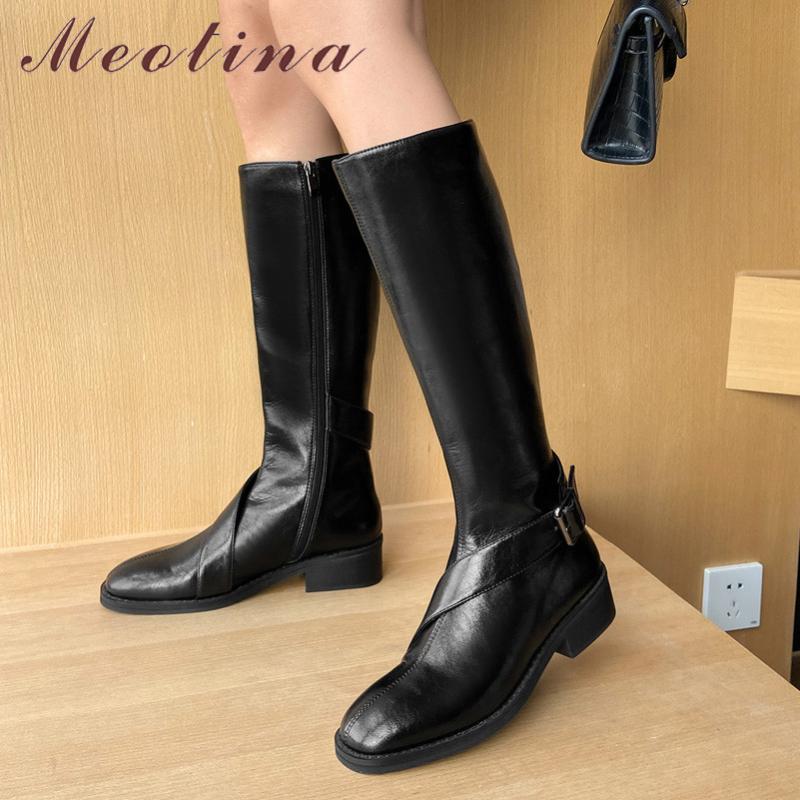 

Meotina Riding Boots Women Shoes Buckle Real Leather Mid Heel Knee High Boots Block Heels Zipper Long Female Autumn Black