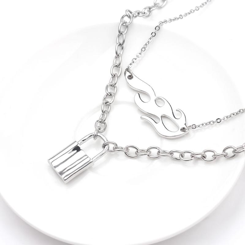 

Harajuku Charm Double-deck Hip-hop Flame Atronach Lock Pendant Necklace Male Female Chokers Street Dance Chain Cool Punk Jewelry