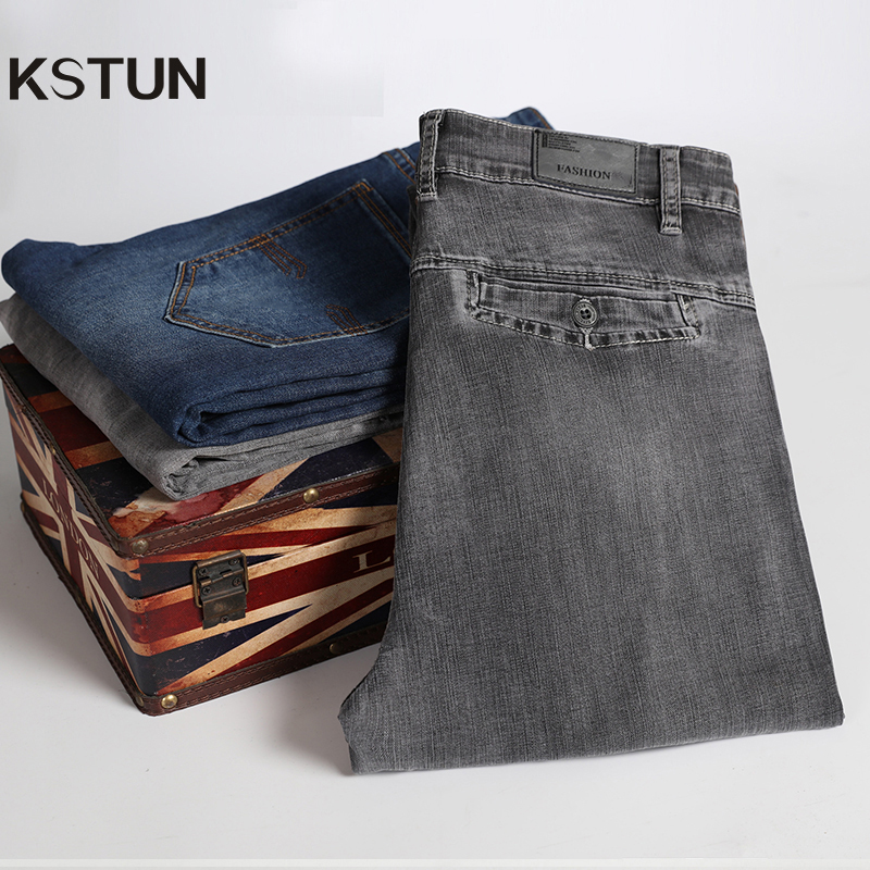 

KSTUN Jeans for Men Grey Straight Fit Elasticity Business Casual Spring Autumn Men's Jeans Pants Denim Back Pockets Desinger, Gray