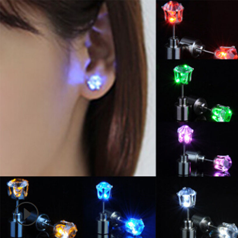 

New Colorful Hipster Led Earrings With Flashing Luminous Studs Gemstone Women Men Led Grow Light Up Bright Dance Earring