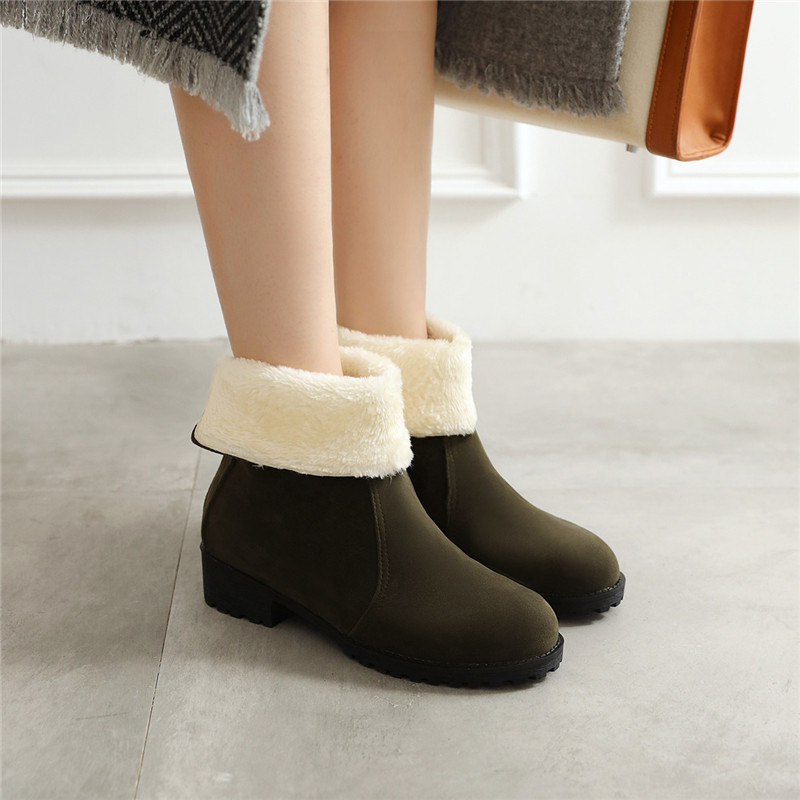 

YMECHIC Fashion Chunky Heels Winter Snow Boots Women Nubuck Suede Flock Black Army Green Booties Warm Plush Ankle Boots Female