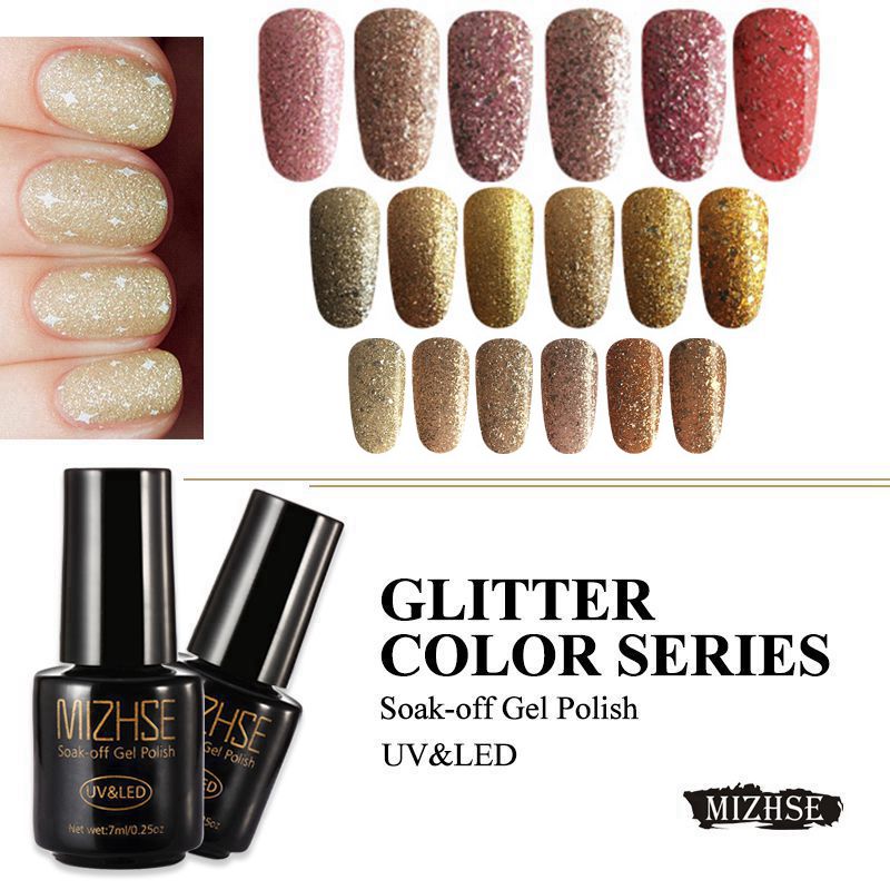 

MIZHSE Glitter Gel Nail Polish Holographic UV Gel Varnish Rose Gold Diamond Glitter Laser Sequins Nail Art Varnish Top Coat, Base coat