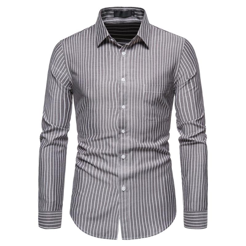 

men shirt Fashion Spring Summer Casual Men's Shirt Cotton Long Sleeve Striped Slim Fit Stand Collar Shirts, Black