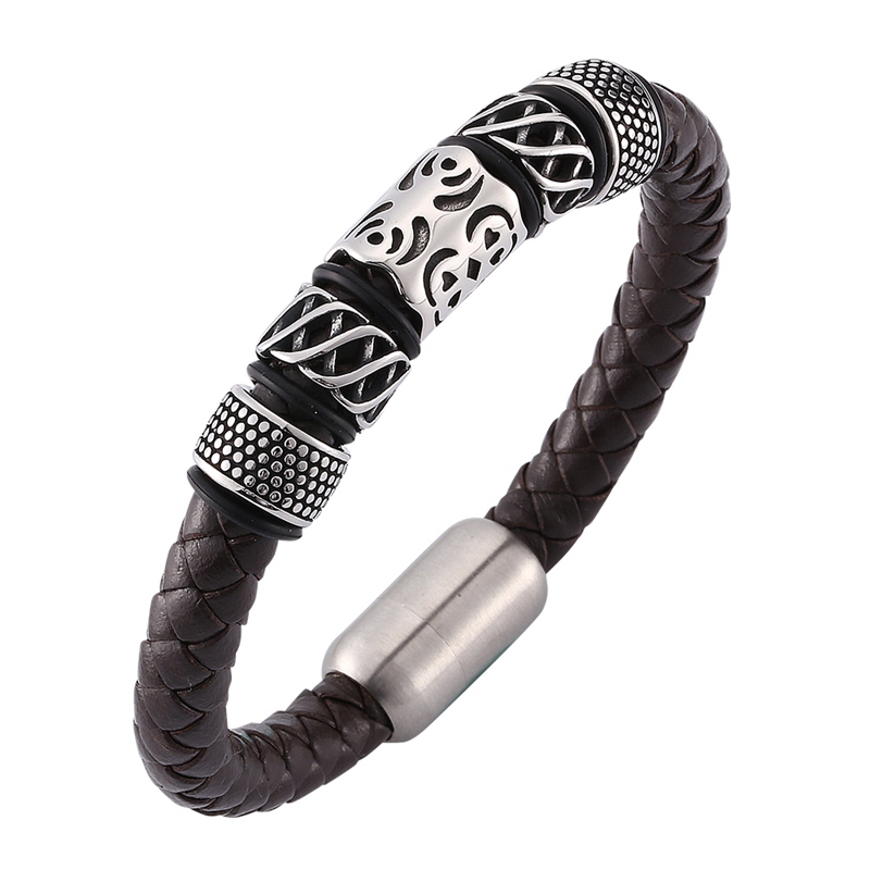 

Brown Genuine Braided Leather Bracelet Women Men Stainless Steel Charm Pride Magnetic Charms Bracelet Gift BB0140
