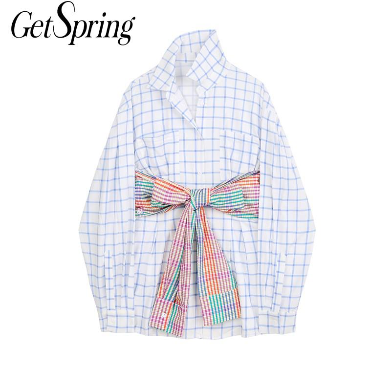

Getspring Women Shirt Bandage Patchwork Plaid Woman Blouses Shirts Long Sleeve Casual Women Tops Bloues Color Matching 2020 New, White