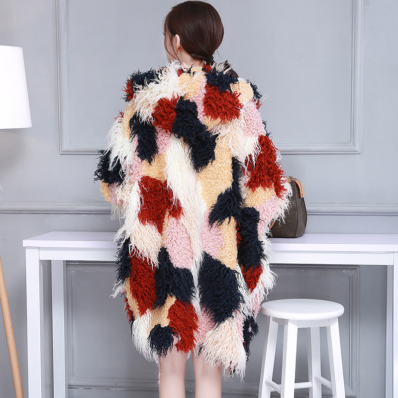 

Imitation fur coat female long hooded batwing coat irregular skirt fashion color matching loose wool, White