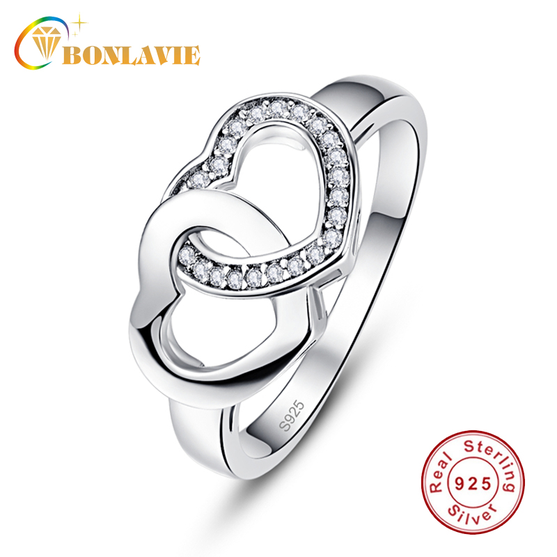 

BONLAVIE Valentine's Day Present 925 Sterling Silver Heart to Heart Ring Double Clear Crystal Fine Jewelry for Women