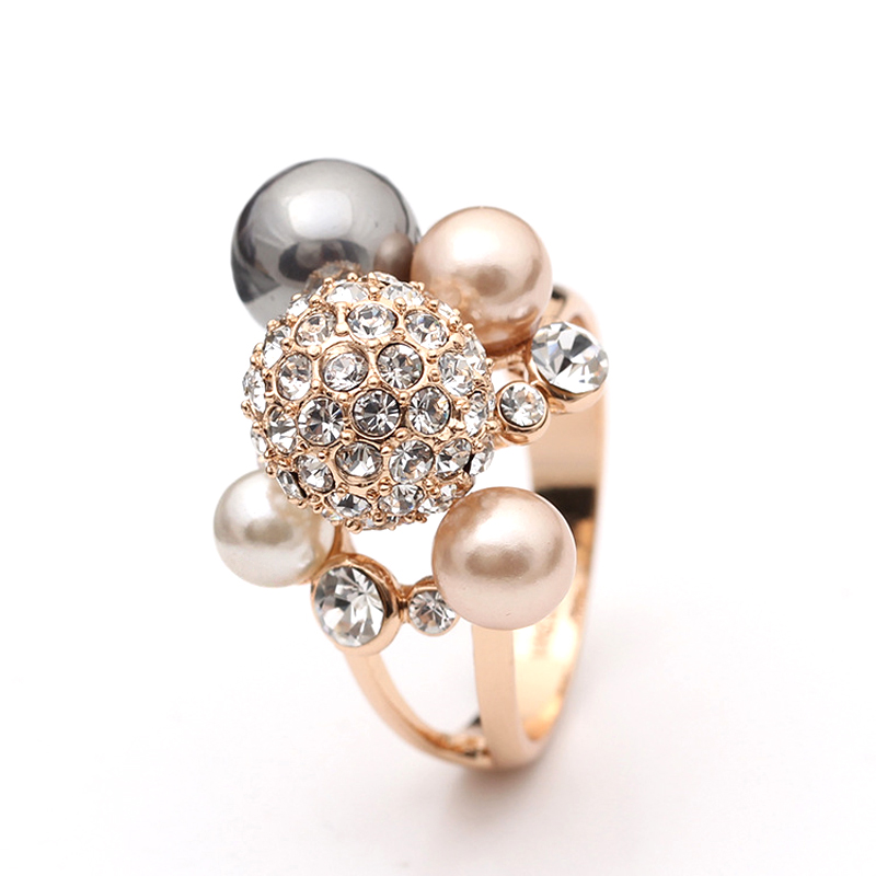 

MOONROCY Free Shipping Cubic Zirconia Round Imitation Pearl Austrian Crystal Rings Fashion Party Jewelry For Women Gift