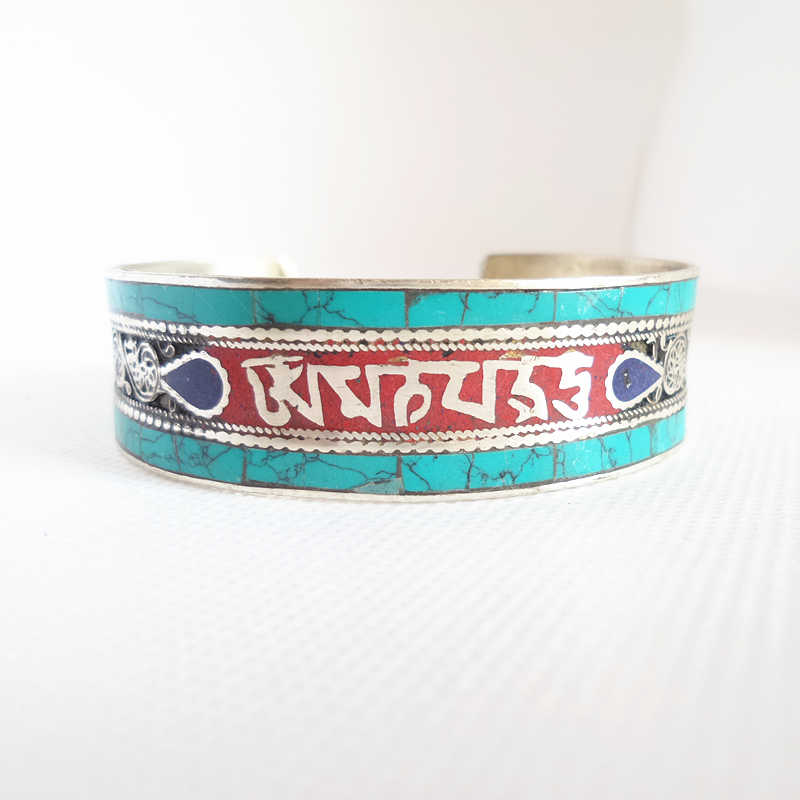 

Tibetan Six Words Mantras Amulet Bangles Copper Inlay Colorful Stone Open Cuff Multi Colors BB-135