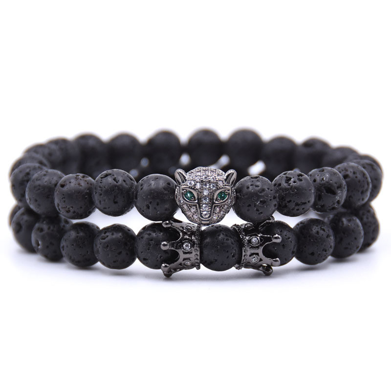 

Classic Natural Lava stone beads Bracelet Micro-inlay CZ Leopard&Ball bangle 2pcs/set Crown For Men Women Handmade Boutique