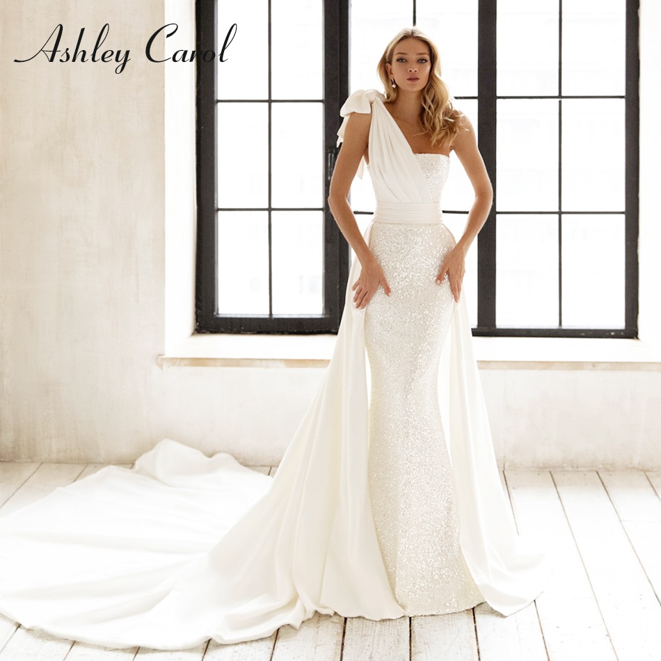 

Ashley Carol Detachable Mermaid Wedding Dress 2020 One Shoulder Sequined Satin Bridal Bow 2 In 1 Bride Dresses Vestido De Noiva, Beige