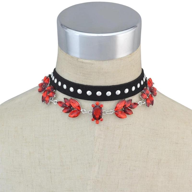 

2Pcs/set Gothic Red Blue Black Crystal Bib Choker Necklaces for Women Bohemian Velvet Collar Necklace Night Club Party Jewelry