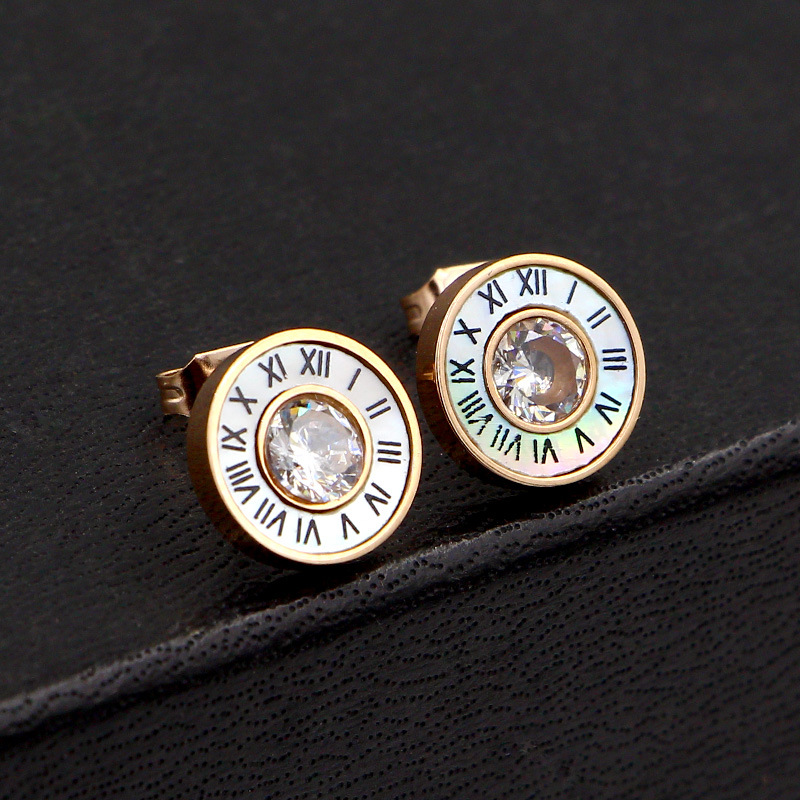 

Martick 316 Stainless Steel Round Shine CZ Black/White Shell Roman Numeral Stud Earrings For Women Brand Jewelry E30