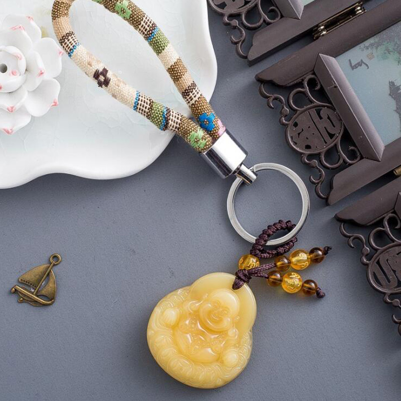 

WEIYU Handmade Rope Car Key Holder Bag Charm Lucky Fish Character Maitreya Buddha Stone Pendant Keychain Mantra Sign Key Ring