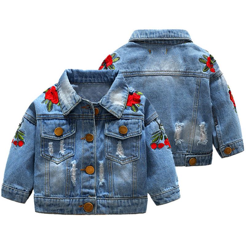 

Toddler Baby Girl spring Autumnwarm jacket Long Sleeve Rose Embroidery Windproof Denim Coat girls tops Ripped Jeans Outwear, Bu