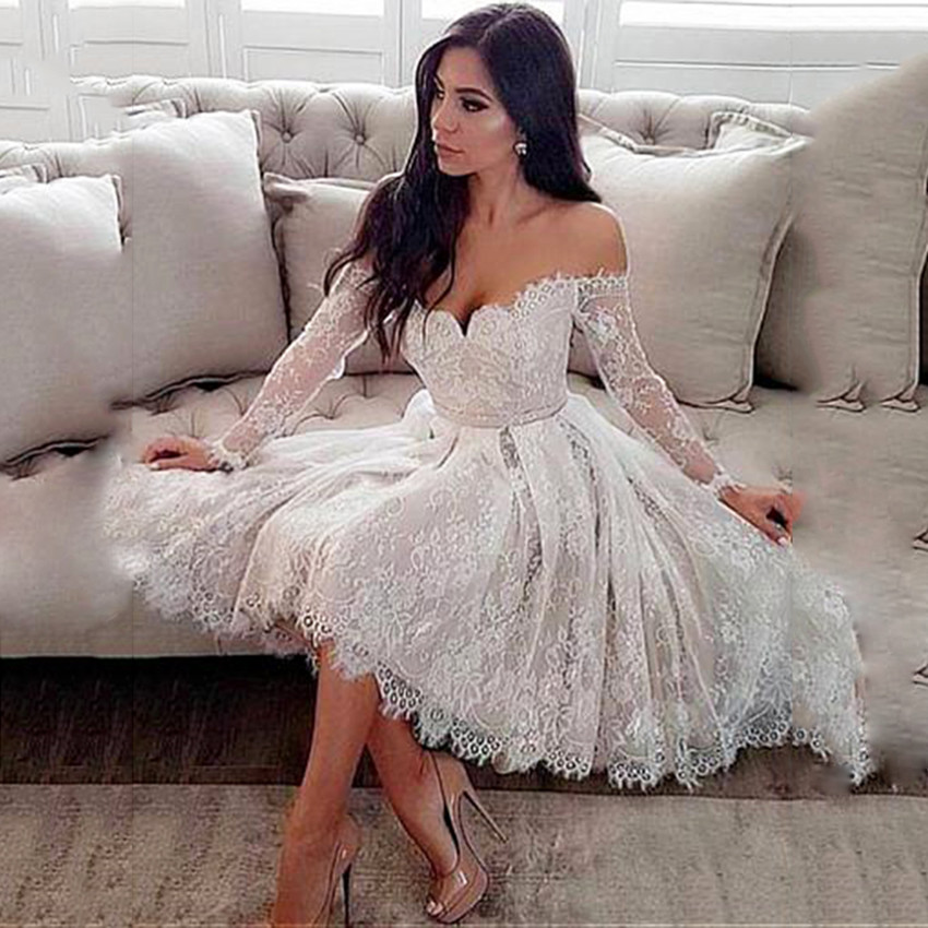 

Short Wedding Dress 2020 Sweetheart Offer The Shoulder Long Sleeve Beaded Sashes Knee Length Spring Bride Dress vestido de noiva, Ivory