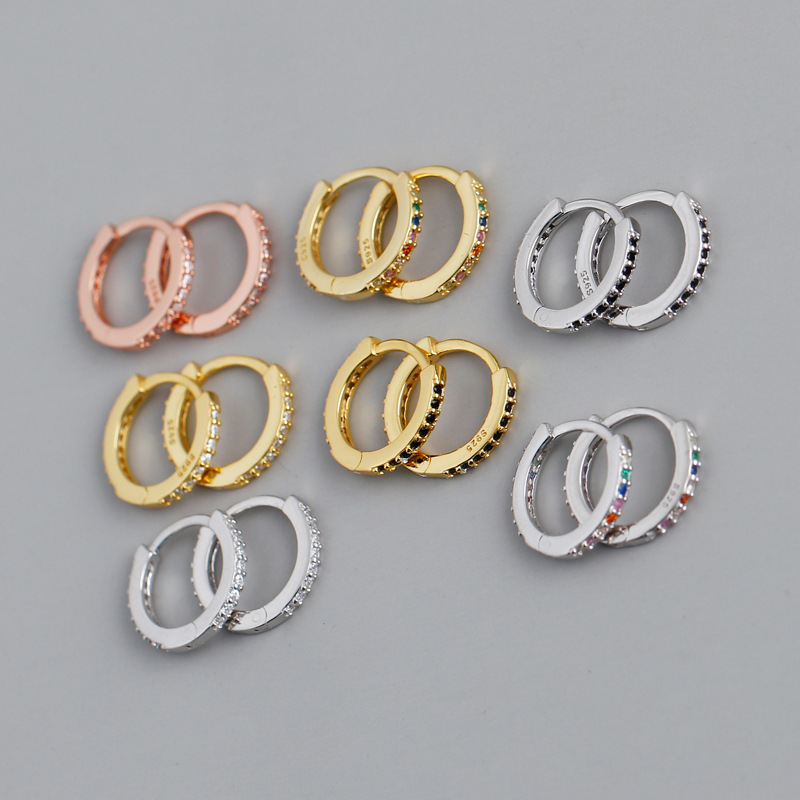 

9MM 100% Authentic 925 Sterling silver Prong White/ Black /Colored Zircon Round Hoop Huggie Earrings Fine jEWELRY TLE1106