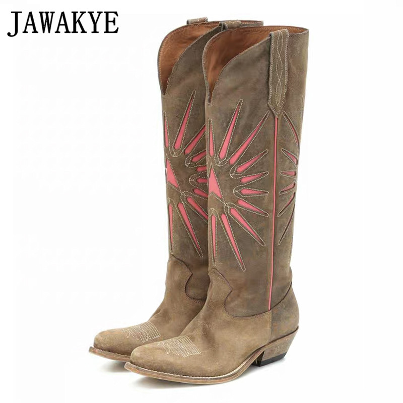 

Retro Suede Brown Calfskin Knight Knee Boots for Women Retro Embroidery Pointed toe Square heel Motorcycle Booties long boots