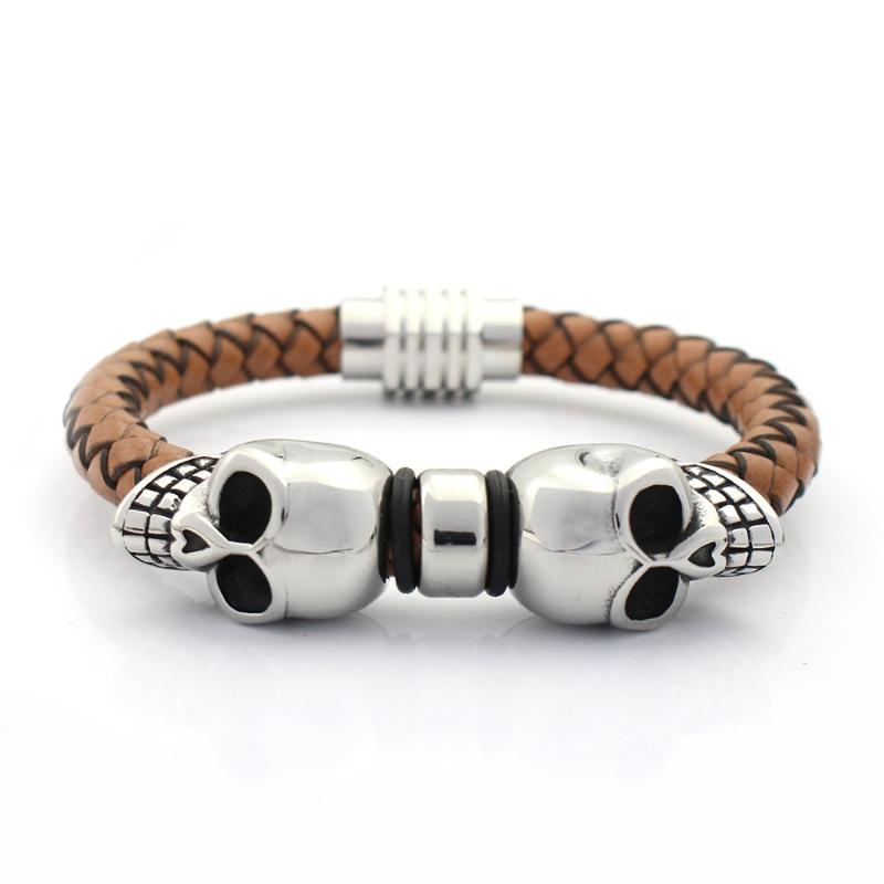 

8MM Genuine Braided Leather Bracelet Never Fade Stainless steel Skull Charms Bead Bracelets with Magnet Clasp Men Bangles