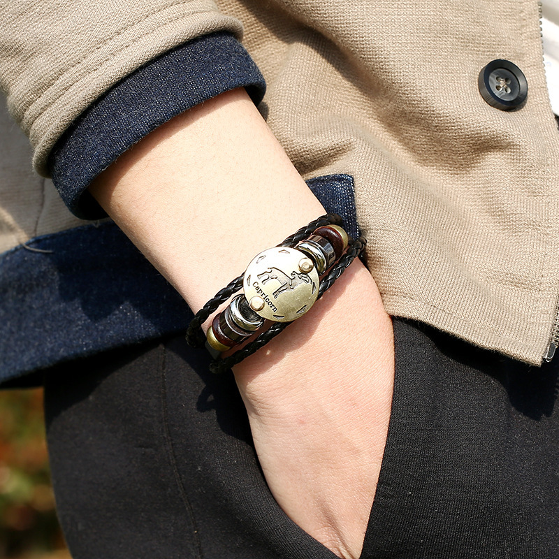 

12 Constellation Zodiac Sign Black Braided Leather Bracelet Cancer Leo Virgo Libra Aries Woven Jewelry Punk Men Bracelet