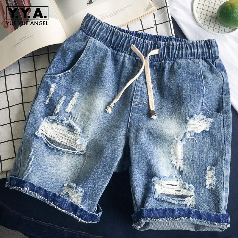 

Summer New Hole Ripped Casual Denim Shorts Men Plus Size 5XL High Street Loose Elastic Waist Casual Knee Length Shorts Blue