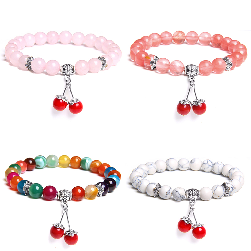 

Tiny Red Cherry Pendant Bracelets Women Polished Pink Quartz Beads Alloy Charm Chakra Bangle Friendship Bracelet Jewelry Gifts