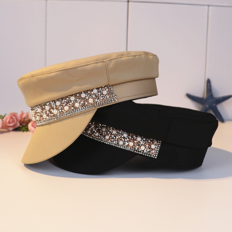 

202008-24-QM autumn Shiny diamond pearl ribbon leisure lady Octagonal hat women visors cap, Black