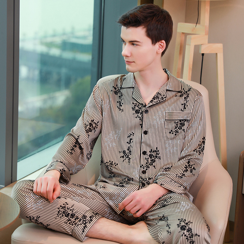 

Men's Pajamas Spring and Summer Long-sleeved Artificial Silk Suit Men's Silk Trousers Home Service Ice Thin Pigiama Uomo, Dark green v