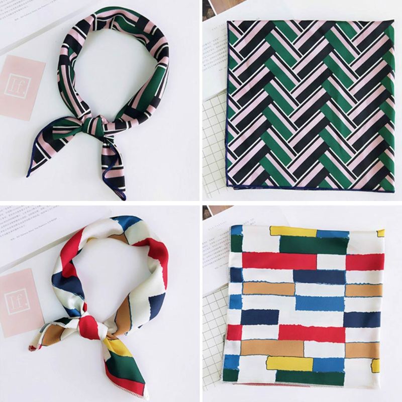 

50x50CM Korean Style Ladies Satin Square Neck Scarf Bandana Geometric Graffiti Print Office Lady Handkerchief Headwrap 22 Colors