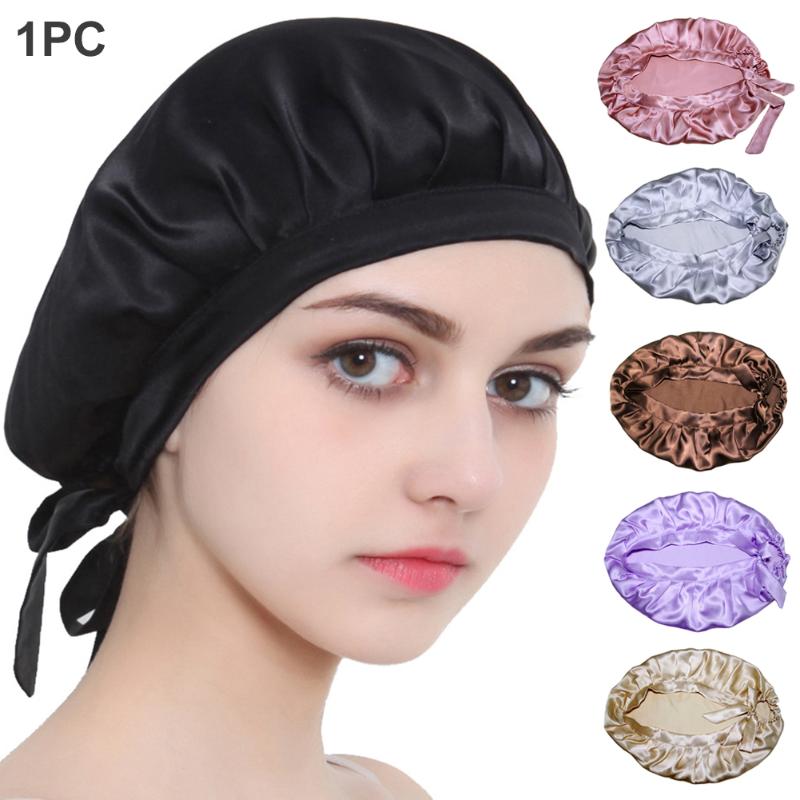 

Women Bonnet Hair Cap Adjustable Silk Sleeping Home Lace-up Soft Free Size Head Cover