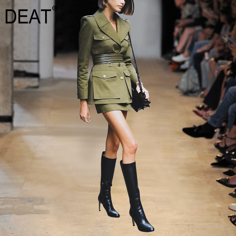 

DEAT 2020 New Spring Summer Fashion Casual Patchwork Long Sleeve Solid Single Breasted Blazer Coat Short Skirt Suit Women SE485, Green