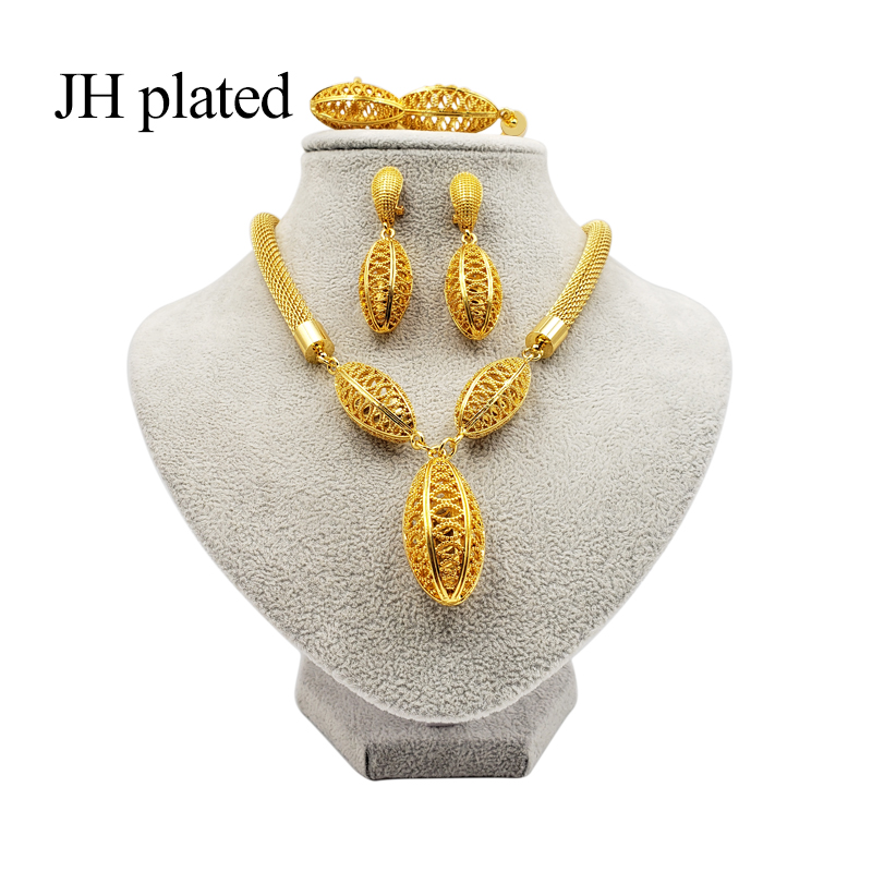 

Earrings & Necklace Luxury Women Dubai 24k Gold Color Jewelry Sets India Ethiopia African Bride Wedding Gifts Ring Bracelet, As pic