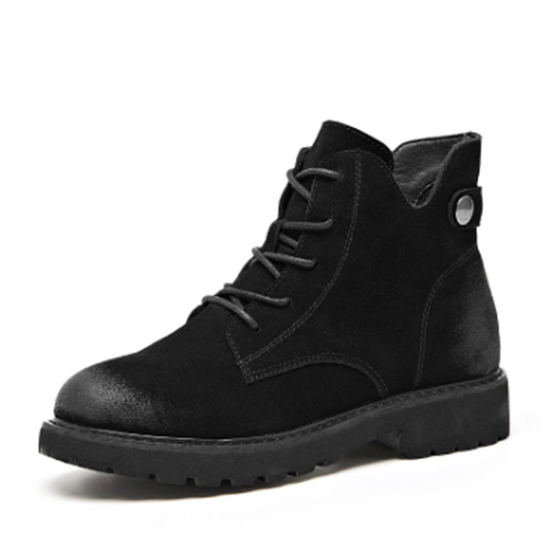 

Women's boots autumn and winter short boots women's flat leather Plush thermal, Black