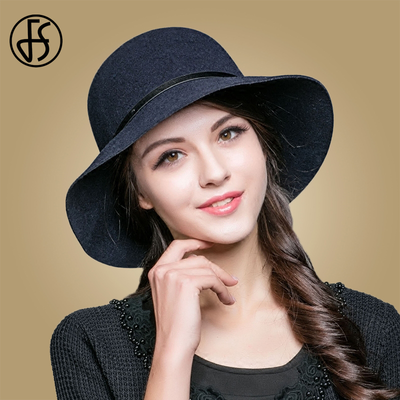 

FS Winter Warm Fedora Hat For Women Elegant 100% Wool Wide Brim Dome Cap Casual Floppy Cap Womens Navy Camel Cloche Hats