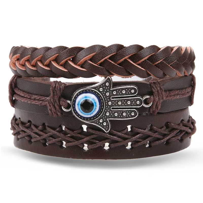 

2020 Multilayer Leather Hand Eye Men's Bracelet & Bangles Vintage Geometric Handmade Rope Chain Bracelet Set Jewelry