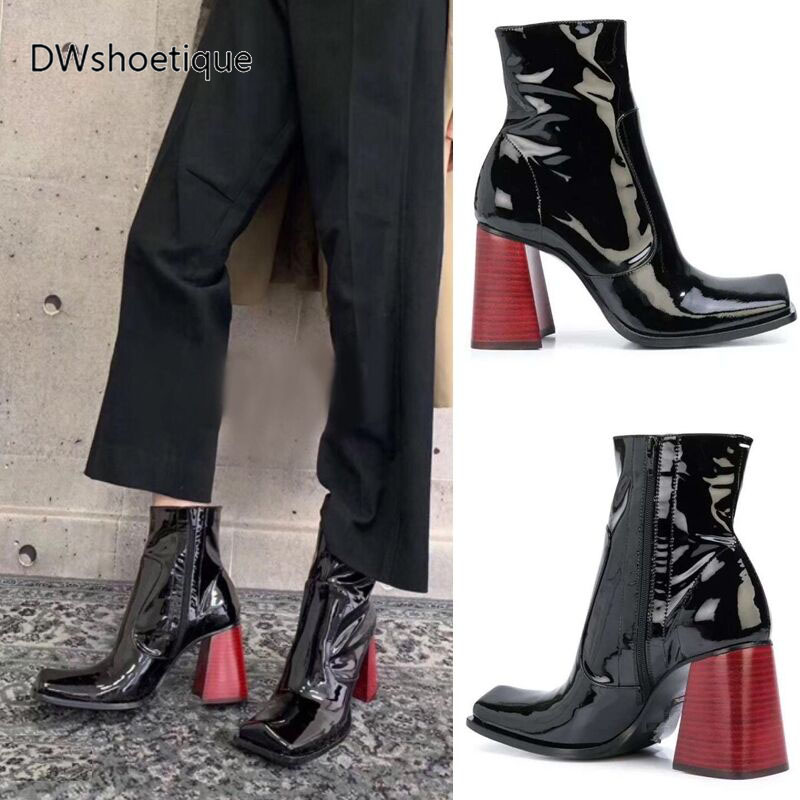 

Square toe women ankle boots high heel zipper women booties, Black