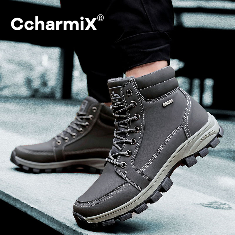 

CcharmiX Men Work Boots Outside Ankle Boots For Males Design Comfy Warm Fur New Lace-up Fashion Shoes Men Footwear, Black