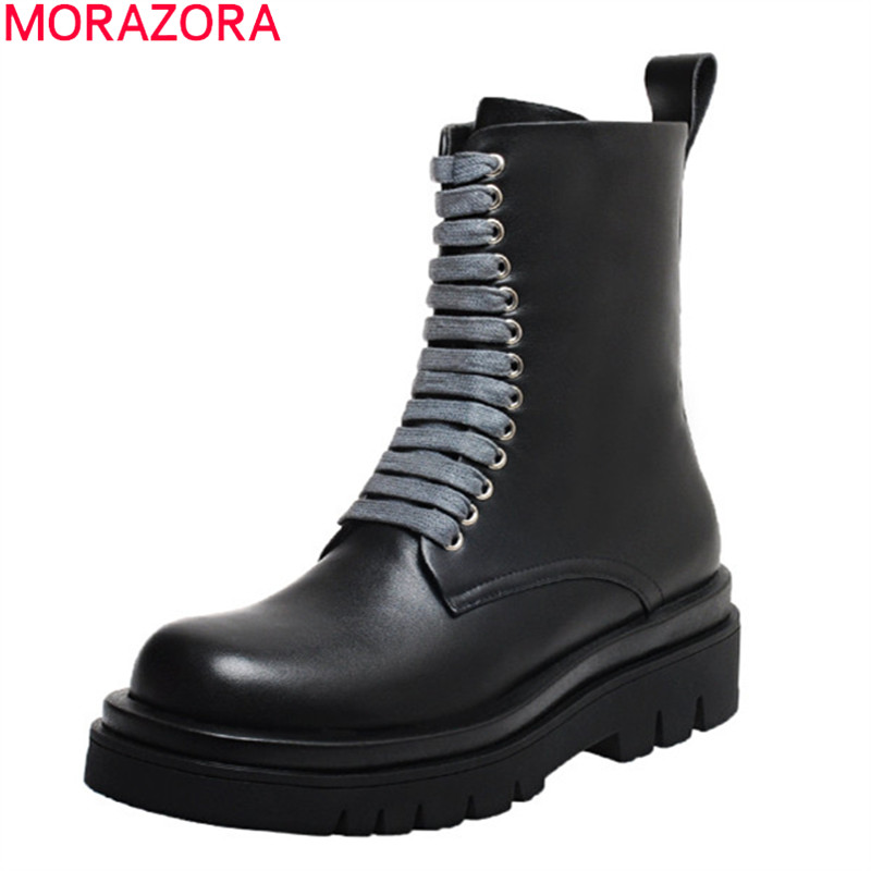 

MORAZORA 2020 Big size 34-43 women boots genuine leather boots thick heels square toe lace up ankle for woman, Rice white with fur
