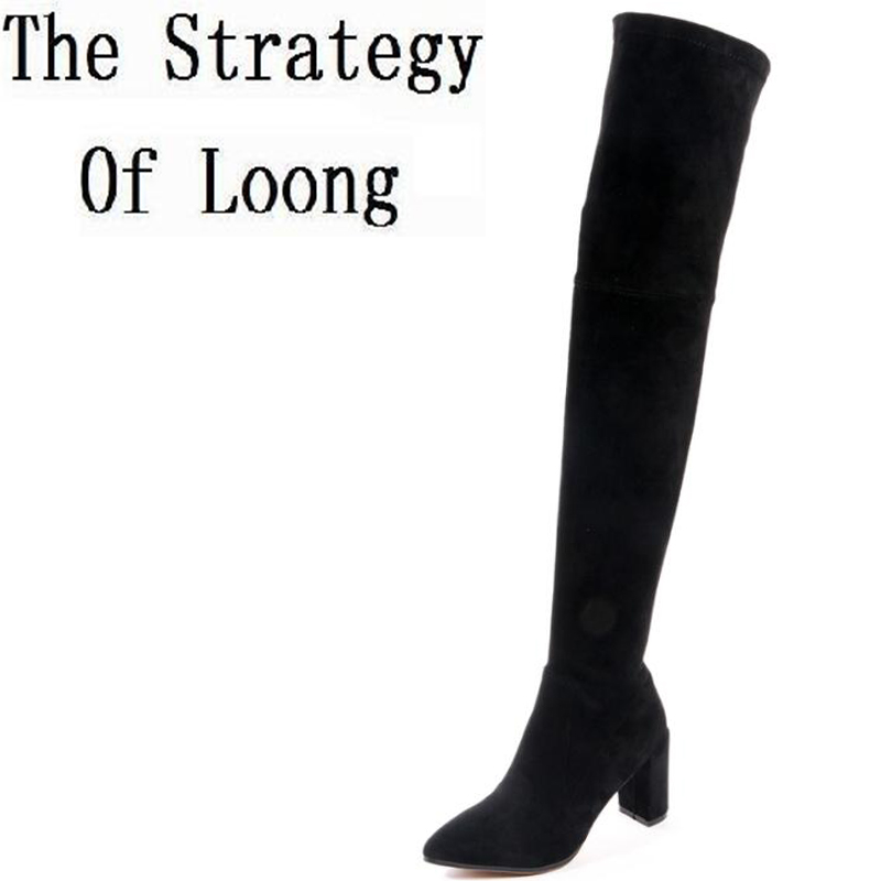 

Winter Pointed Toe High Heels Genuine Leather Women Long Boots Knight Short Plush Over The Knee Thigh High Boots ZY170913, Black winter