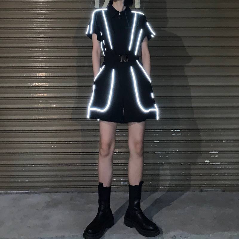 

2020 stylish Summer jumpsuit women short sleeve zipper pocket Shining playsuits with belt Rompers jumpsuits combinaison femme, As pic