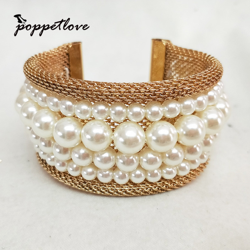 

Fashion Gold Color Personality Expoxy Pearl Open Wide Design Bracelets & Bangles For Women Jewelry