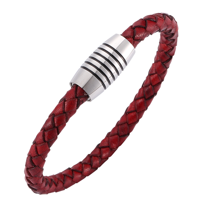 

Charm Bracelets Trendy Men Jewelry Red Braided Leather Rope Bracelet Handmade Stainless Steel Magnet Clasp Vintage Bangle Gift SP0247